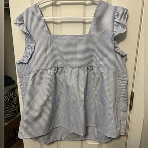 Women’s Square Neck, Ruffle Sleeves Navy pinstripe Blouse